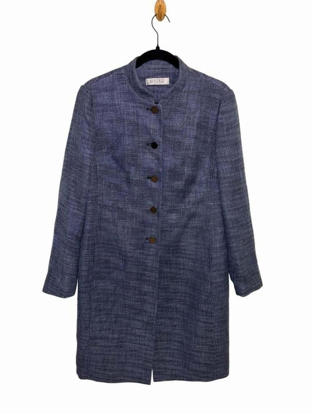 Kasper Blue Textured Longline Blazer Jacket Button Front Minimalist Career Coat